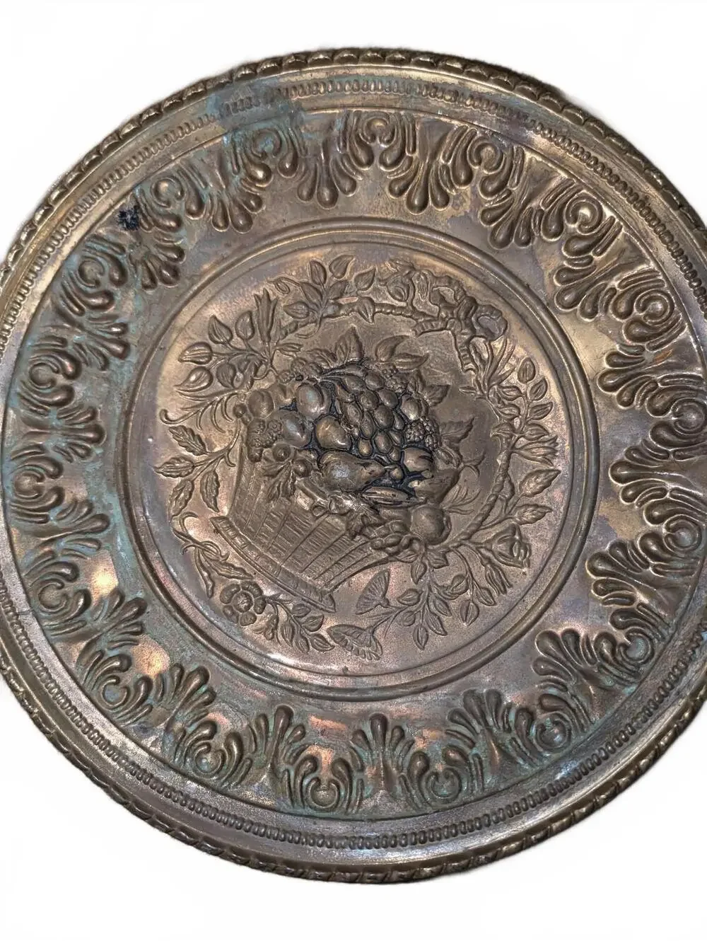 Vintage Decorative Metal Wall Plates with Fruit Basket Motif - Set of 2